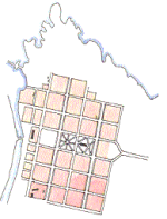 Illustration över centrala Vänersborgs kvartersstruktur. Illustration.