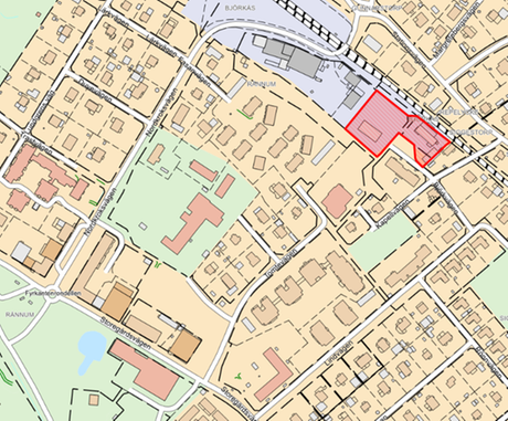 Karta över planområdet i Vargön, markerat med rött. Karta.