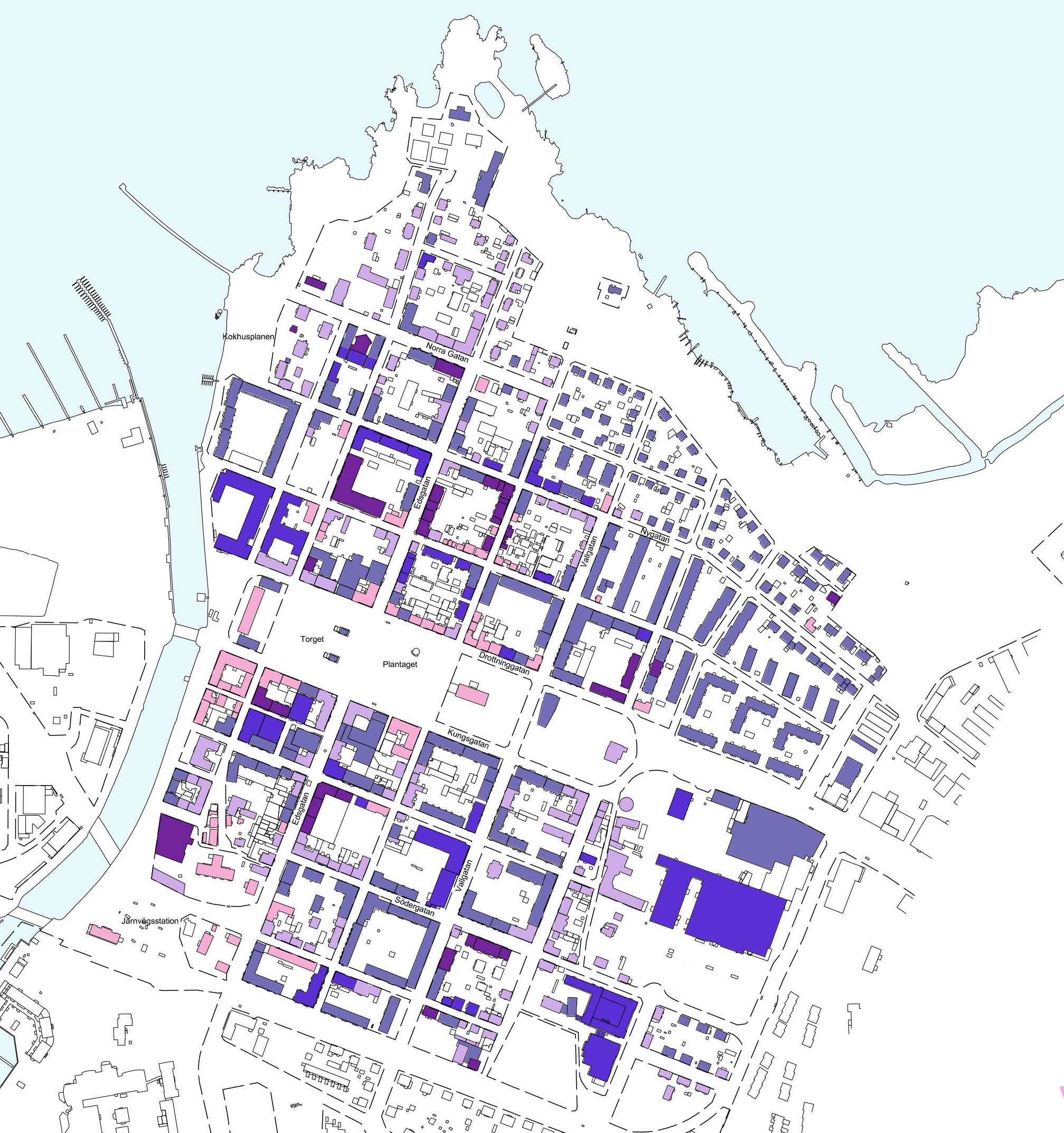 Illustration. Hur byggnader i Vänersborgs innerstad har växt fram. Illustrerat med färger. Illustration.