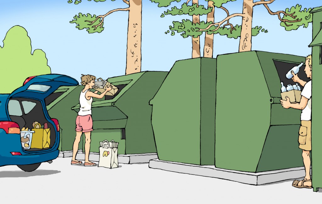 Bilden föreställer personer som slänger avfall på en återvinningstation