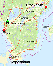 Karta över södra Sverige där Vänersborg, Göteborg, Stockholm och Köpenhamn är utmärkta