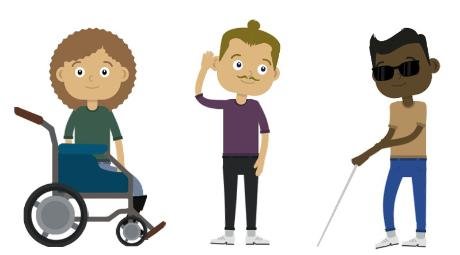 Bilden visar tecknade personer, med funktionsvariationer. En som sitter i rullstol, en som har nedsatt hörsel, en som har synnedsättning.