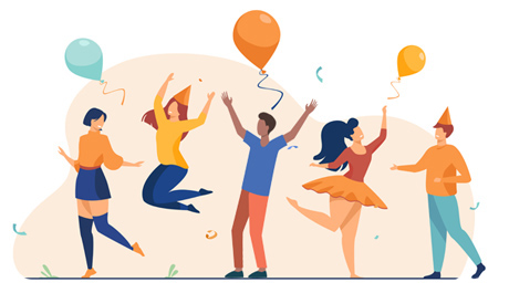 Tecknade personer som firar med ballonger