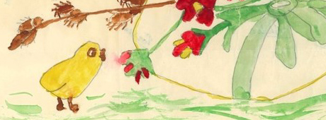 Äldre teckning med en gul kyckling och blommor