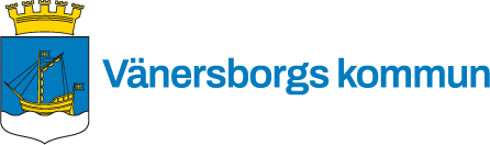 Bilden visar Vänersborgs kommuns vapen och texten Vänersborgs kommun i blå text.