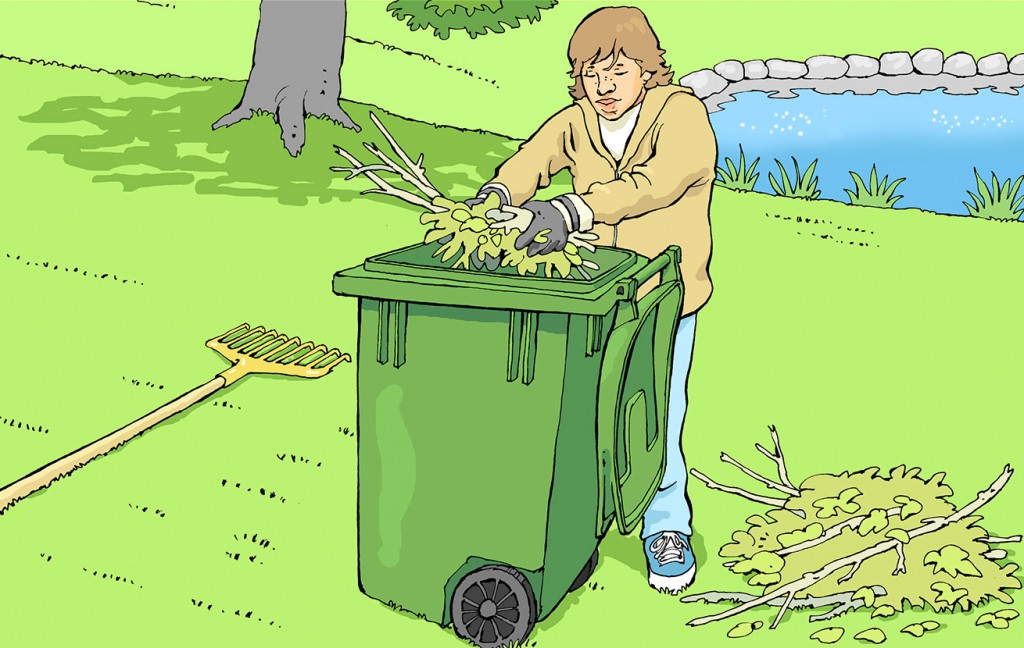 Bilden föreställer en person som slänger trädgårdsavfall i ett kärl