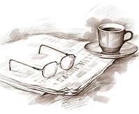 En kaffekopp, tidning och glasögon