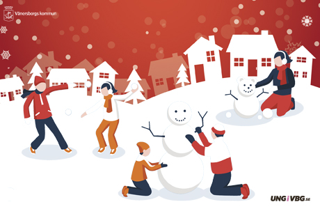 Tecknad bild med barn som bygger snögubbar och kastar snöbollar