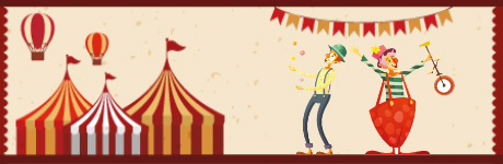Tecknad bild på cirkustält och clowner
