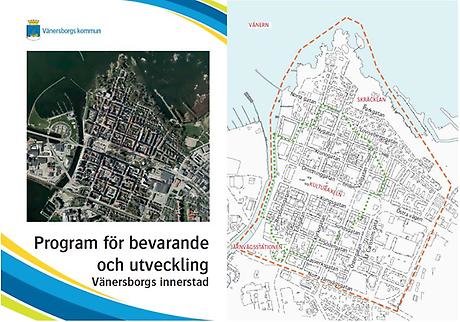 Bilden föreställer förstasidan till Program för bevarande och utveckling Vänersborgs innerstad och en karta över innerstaden