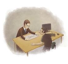 Två personer som sitter vid ett bord och tittar på en ritning. Illustration. 