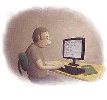 Person som sitter framför en dator och registrerar en bygglovsansökan. Illustration. 