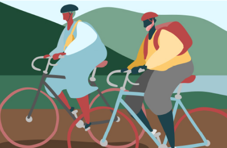 bilden visar två tecknade personer som cyklar