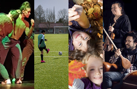 Kollage av bilder på dansare, fotbollsspelare, musiker och barn med höstlöv.