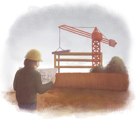 En person står framför en lyftkran och tittar på en ritning. Illustration. 