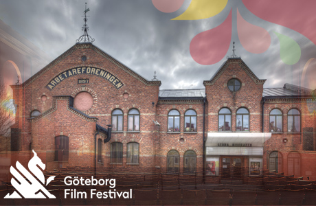 Kollage med Stora biografens fasad, interiör och logotyp för Göteborgs filmfestival.
