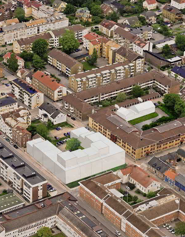 3D-illustration med förslag på tillbyggnad över kvarteret Pilen i centrala Vänersborg. Illustration. Länk.