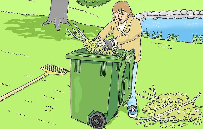 en person som lägger ner trädgårdsavfall i sitt trädgårdsavfallskärl